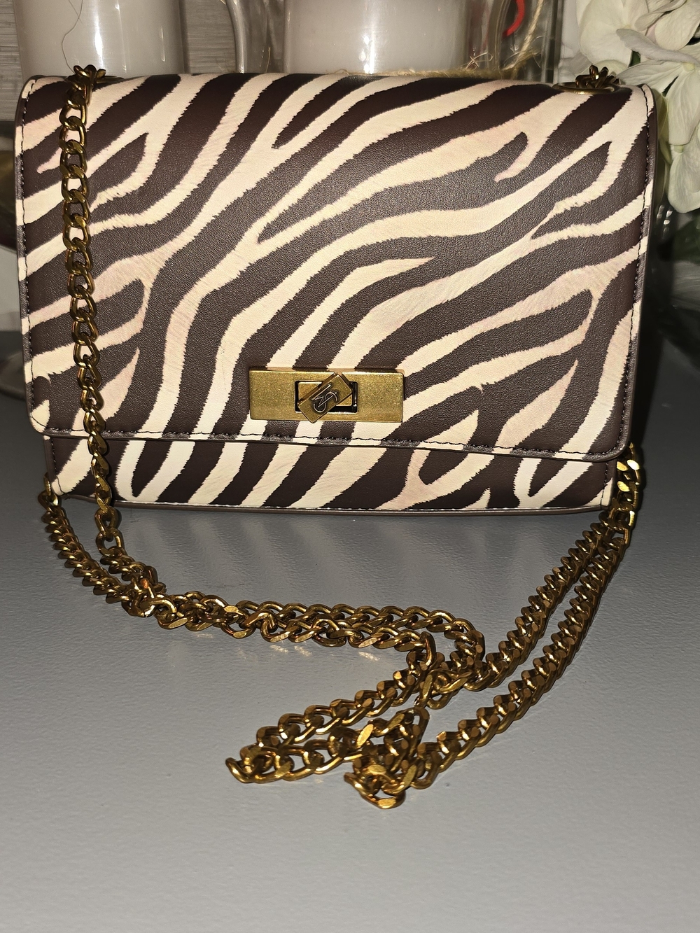 Zebra Print Crossbody Bag with Gold Chain